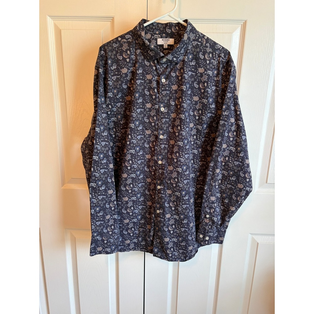 Murano Collezione Slim Fit Floral Paisley Button Down Shirt Mens XXL Navy Blue